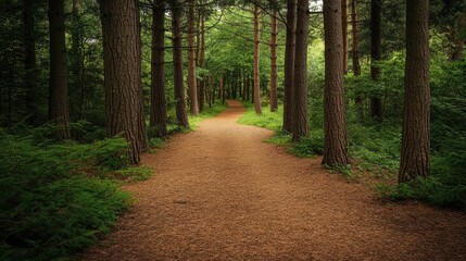 Fototapeta premium A narrow path winding through an evergreen forest, with tall trees lining both sides and the ground covered in pine needles.