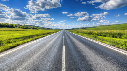 Wide road into distance, flanked by green fields and blue sky. High-definition, horizontal composition. Serene beauty.