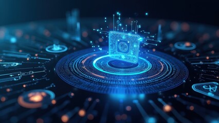 A Glowing AI Technology Interface Showcases Various Futuristic Icons and Vibrant Elements, Creating a Visually Engaging Atmosphere