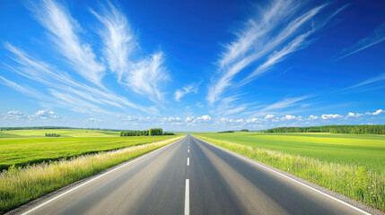 Fototapeta premium Wide road into distance, flanked by green fields and blue sky. High-definition, horizontal composition. Serene beauty.