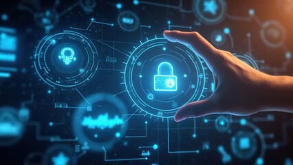 Fototapeta premium A Hand Interacts With a Digital Interface Featuring Glowing Icons and a Prominent Padlock Symbol