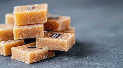 Stacked caramel candies on dark surface