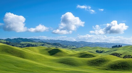 Obraz premium A peaceful countryside landscape with rolling hills, green pastures, and a vibrant blue sky.