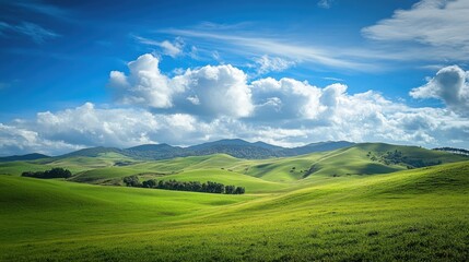 Obraz premium A peaceful countryside landscape with rolling hills, green pastures, and a vibrant blue sky.