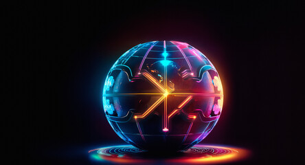 Luminous sphere with circuit patterns and vibrant neon colors like blue, pink, orange, and yellow set against a dark background. Futuristic and digital abstract art.