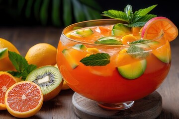 Colorful Fruit Punch in Glass Bowl with Fresh Fruit