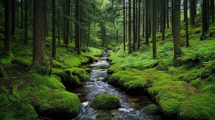 Obraz premium A peaceful woodland scene with a small creek running through the trees, surrounded by lush greenery and moss-covered rocks.