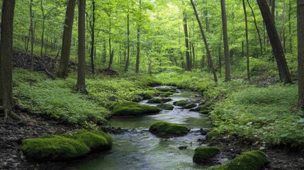 Naklejka premium A peaceful woodland scene with a small creek running through the trees, surrounded by lush greenery and moss-covered rocks.