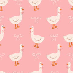 Spring and summer seamless pattern with cute hand drawn geese and bows in pink background. Funny goose with tied bow. Girly print for fabric, wallpaper or wrapping paper. Vector flat illustration.