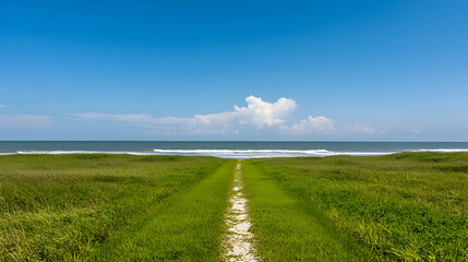 Obraz premium Sandy Path Through Beach Grass Leading to Ocean Under Blue Sky