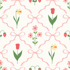 Floral trellis seamless pattern with bows and ribbons. Preppy spring summer hand drawn flowers. Botanical elegant trendy print. Vintage design for fabric, wallpaper or wrapping paper.