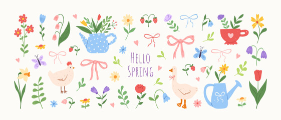Set of spring cute elements. Hand drawn lovely flowers, bows, goose, chicken, blossom garden, watering can, leaves and herb. Cottagecore style. Collection spring stickers. Vector flat illustration.