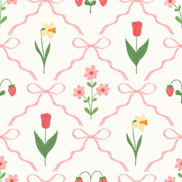Floral trellis seamless pattern with bows and ribbons. Preppy spring summer hand drawn flowers. Botanical elegant trendy print. Vintage design for fabric, wallpaper or wrapping paper.