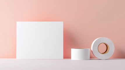 Minimalist composition with blank canvas and adhesive tape on pastel pink background.