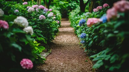Obraz premium A quiet garden path lined with flowers and shrubs, leading through a peaceful, shaded space.
