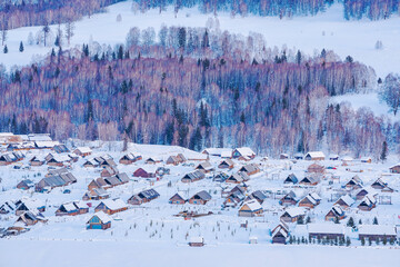 Hemu Village, Snowy Mountains, Forests, and Winter Snow Scenery in Xinjiang Uygur Autonomous Region, China On March 1st, 2023
