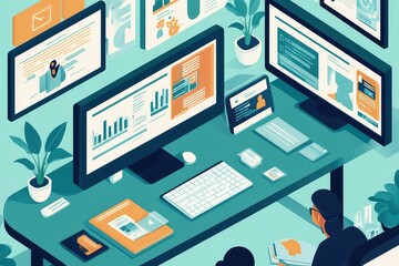 Obraz premium A high-tech workspace with multiple screens displaying online courses and educational content.