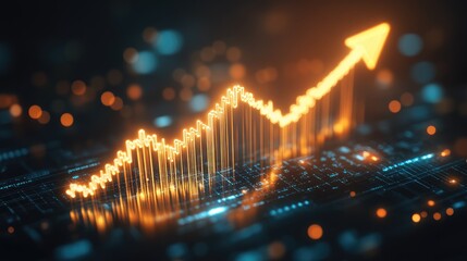 Fototapeta premium A rising bar chart with a glowing upward arrow on a dark background, symbolizing increasing sales and business growth.