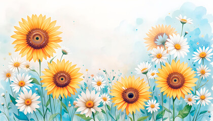 Obraz premium Watercolor background with cheerful sunflowers and daisies for cards and creative invitations 