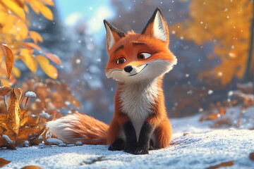 A cheerful cartoon fox sitting in a snowy environment with autumn leaves.