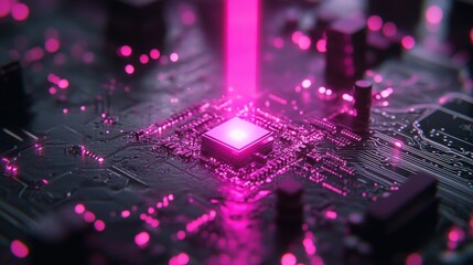 A pink laser beam shining on an electrical circuit board with a square chip in the center