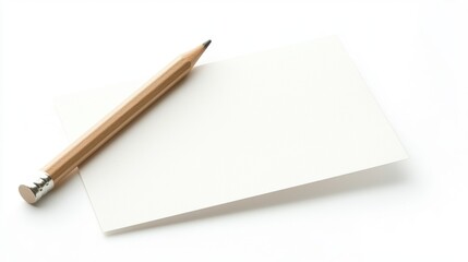 Minimalist image of a pencil resting on a blank piece of paper, isolated on a white background.