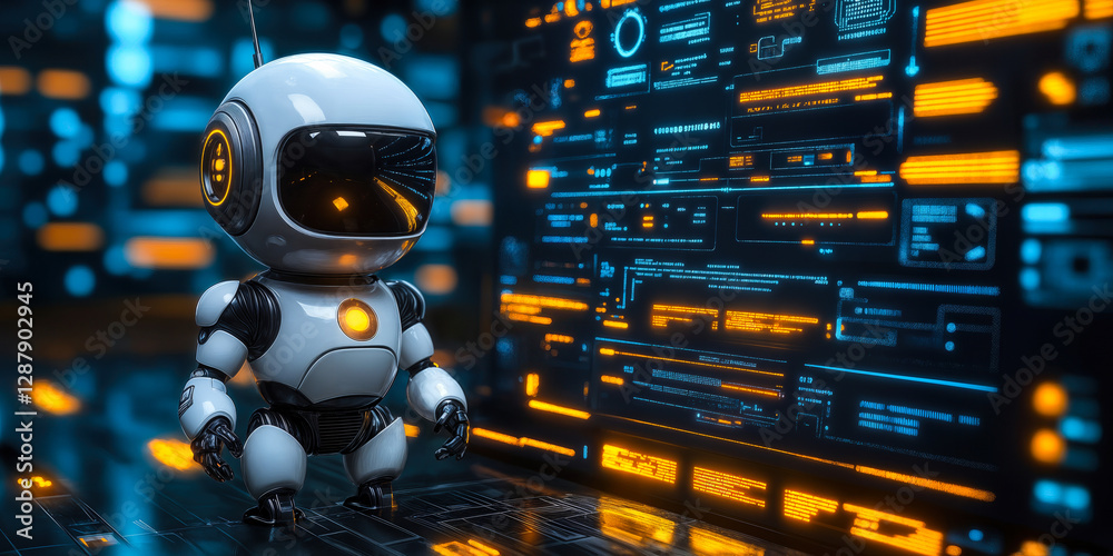 Poster futuristic robot analyzing digital interface data in high-tech environment with neon lights for tech