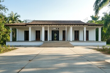 European architecture blends with a luxury home's facade, offering a summer travel experience near a palm-lined street
