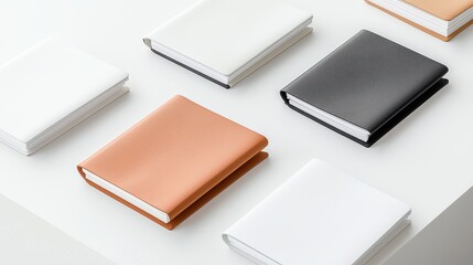 Fototapeta premium Minimalist notebooks in various colors on a white table, showcasing sleek design and organization essentials.