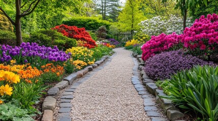 A stone path leading through a vibrant garden full of blooming flowers and shrubs in the warm afternoon sun.