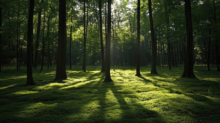A sunlit woodland with tall trees casting long shadows and vibrant green moss covering the forest floor.