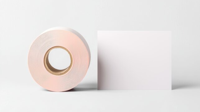 Minimalist roll of paper and blank sheet on a white background for design or text.