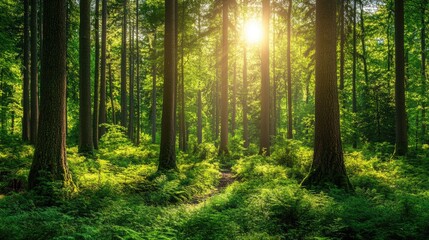 Fototapeta premium A tranquil evergreen forest scene with a dense wall of trees and a few rays of sunlight shining through the branches.