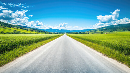 Fototapeta premium Wide road into distance, flanked by green fields and blue sky. High-definition, horizontal composition. Serene beauty.