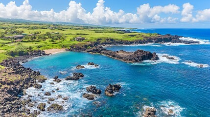 Aerial View of a Tropical Coastline with Turquoise Water and Dark Volcanic Rocks