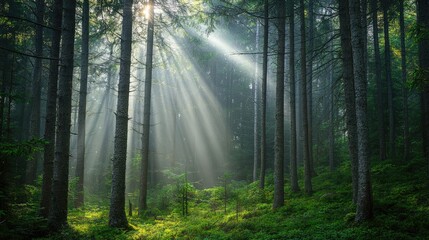 Obraz premium A tranquil evergreen forest scene with a dense wall of trees and a few rays of sunlight shining through the branches.