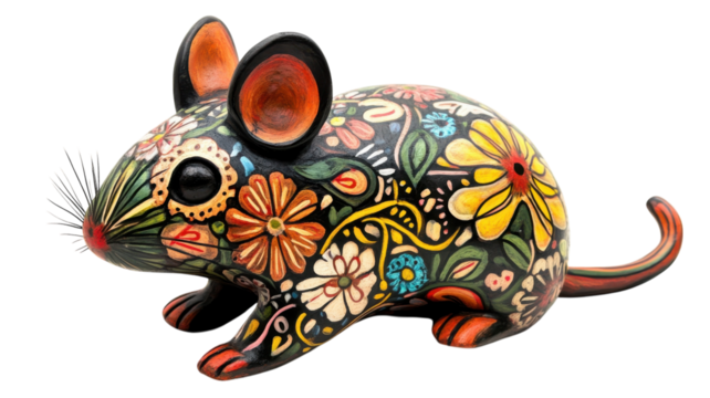 Colorful artisan carved mouse sculpture showcasing vibrant floral patterns in traditional craftsmanship
