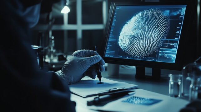 A criminal investigation officer scanning a fingerprint using a high-tech scanner. Featuring precision and technology