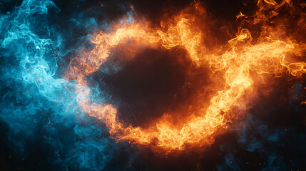 Fototapeta premium Fiery Ring of Opposites: A mesmerizing digital artwork depicts a circular frame of intense flames, with vibrant orange and blue hues creating a captivating contrast.