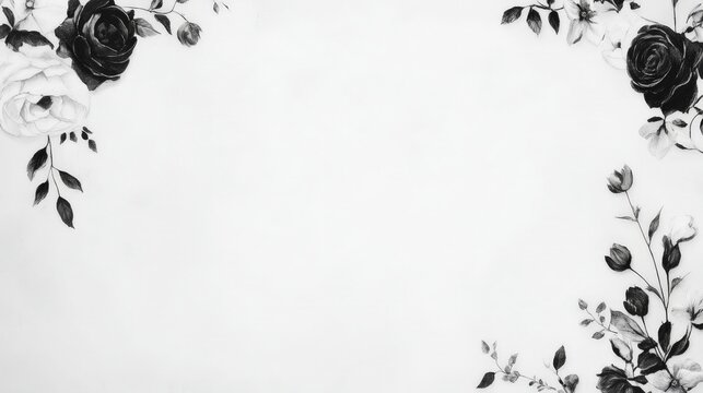 Elegant monochrome floral border.  Black and white roses and leaves create a sophisticated frame perfect for invitations or announcements.