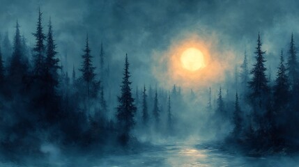 Mysterious moonlit forest scene evokes serene tranquility deep blue hues. AI Generated