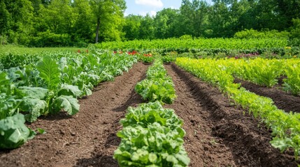A well-maintained vegetable garden with rows of different crops growing in neat rows, under the warm sun.