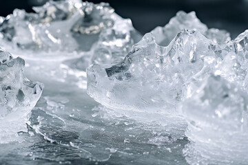 Majestic icebergs rise from a vast frozen landscape under a serene sky