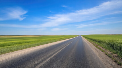 Fototapeta premium Wide road into distance, flanked by green fields and blue sky. High-definition, horizontal composition. Serene beauty.
