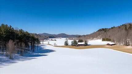 Fototapeta premium Winter Farmhouse Landscape: Snow Covered Field and Frozen Lake