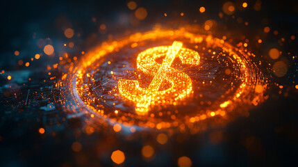 Financial Firestorm: A captivating macro shot of a radiant dollar sign, encircled by a glowing energy field, sparking ideas of wealth, investment, and the power of capital. 