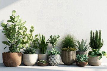 A hyper-realistic 3D visualization of a plant collection, featuring diverse species in a mix of contemporary and rustic pots.