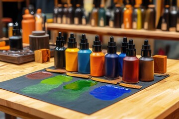 Colorful Leather Dye Samples Displayed on Wooden Table; Keywords leather dye,dye samples,leather