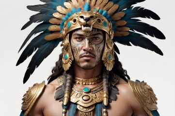 Obraz premium Close-up portrait of a man in Aztec-inspired headdress and jewelry.