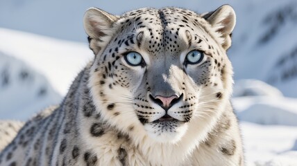 Obraz premium Close-up portrait of a snow leopard in snowy mountains.